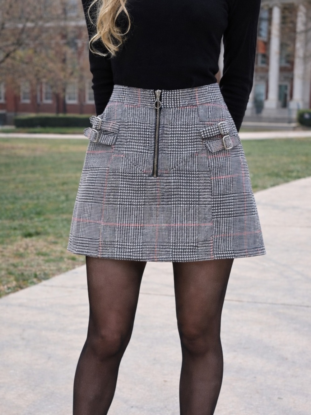 Topshop Plaid Mini Skirt Size 6 UK 10 Grey Check Buckle Zip Front